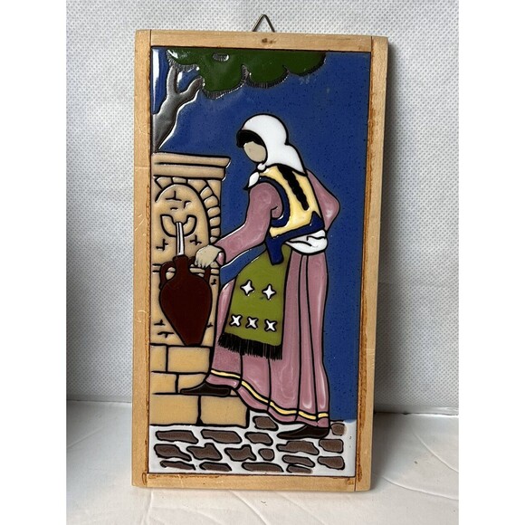 Angelo Tsakirakis Woman At The Well 4x8 TileFramed Signed & Dated At Delphi 89